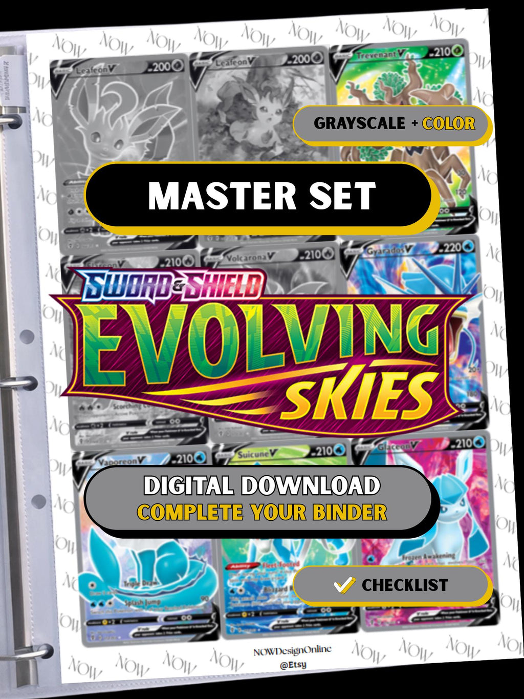 Evolving Skies master set binder page showing grayscale and color Pokémon cards, designed as a digital download with checklist to complete a collector’s binder.