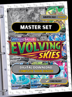Evolving Skies master set binder page showing grayscale and color Pokémon cards, designed as a digital download with checklist to complete a collector’s binder.