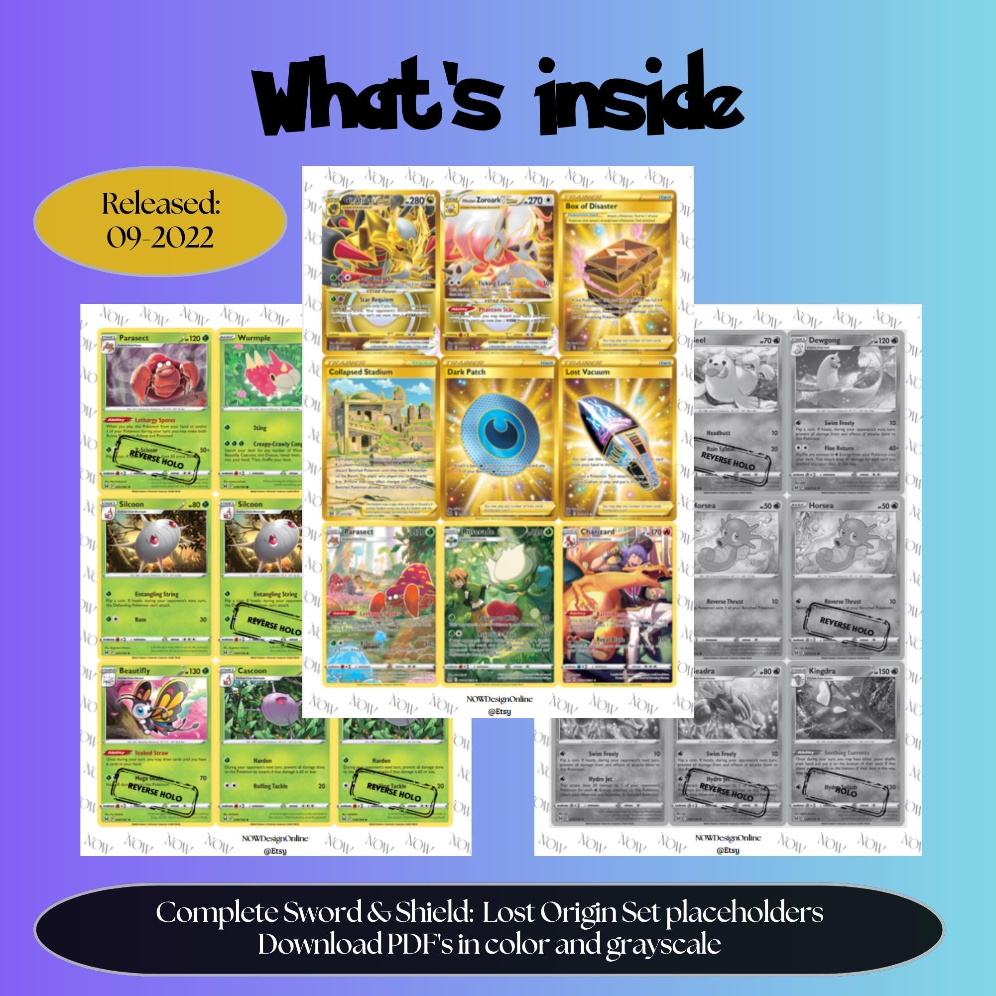 Lost Origin master set overview showing the included Pokémon cards to print and a full color checklist for the Sword Shield binder.