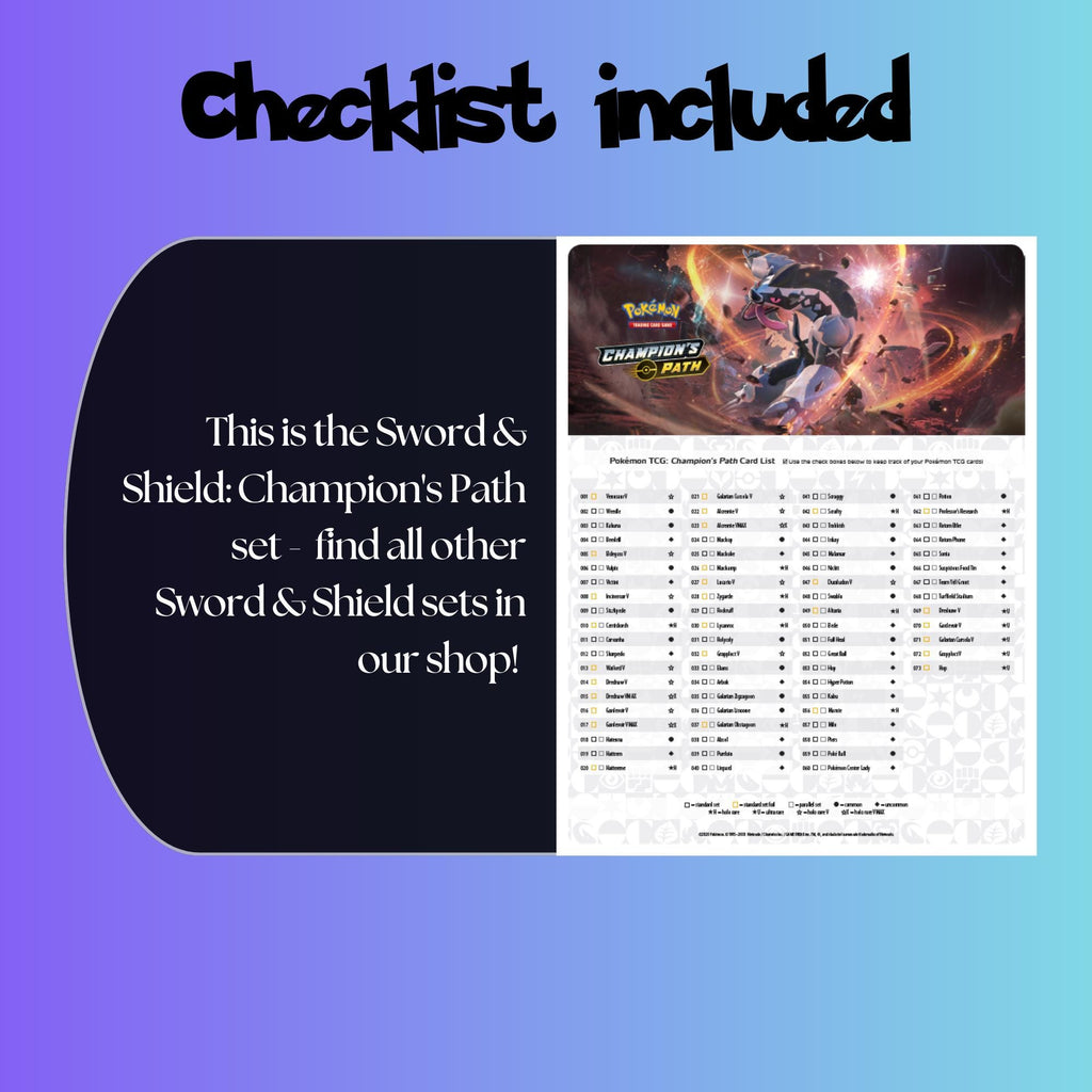 Example of the checklist that’s included to see which cards are all in the Champions Path set from the Sword & Shield Series