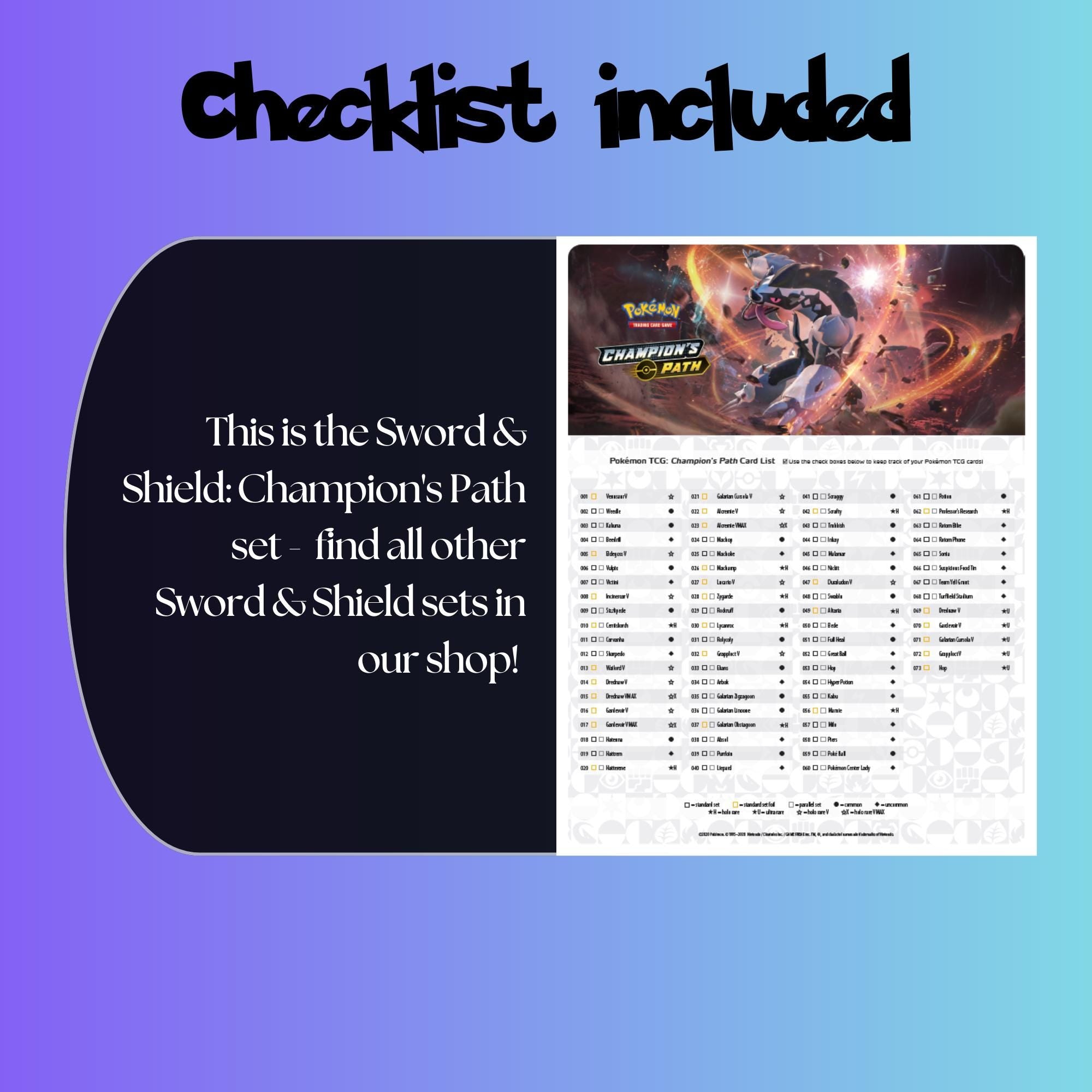 Example of the checklist that’s included to see which cards are all in the Champions Path set from the Sword & Shield Series