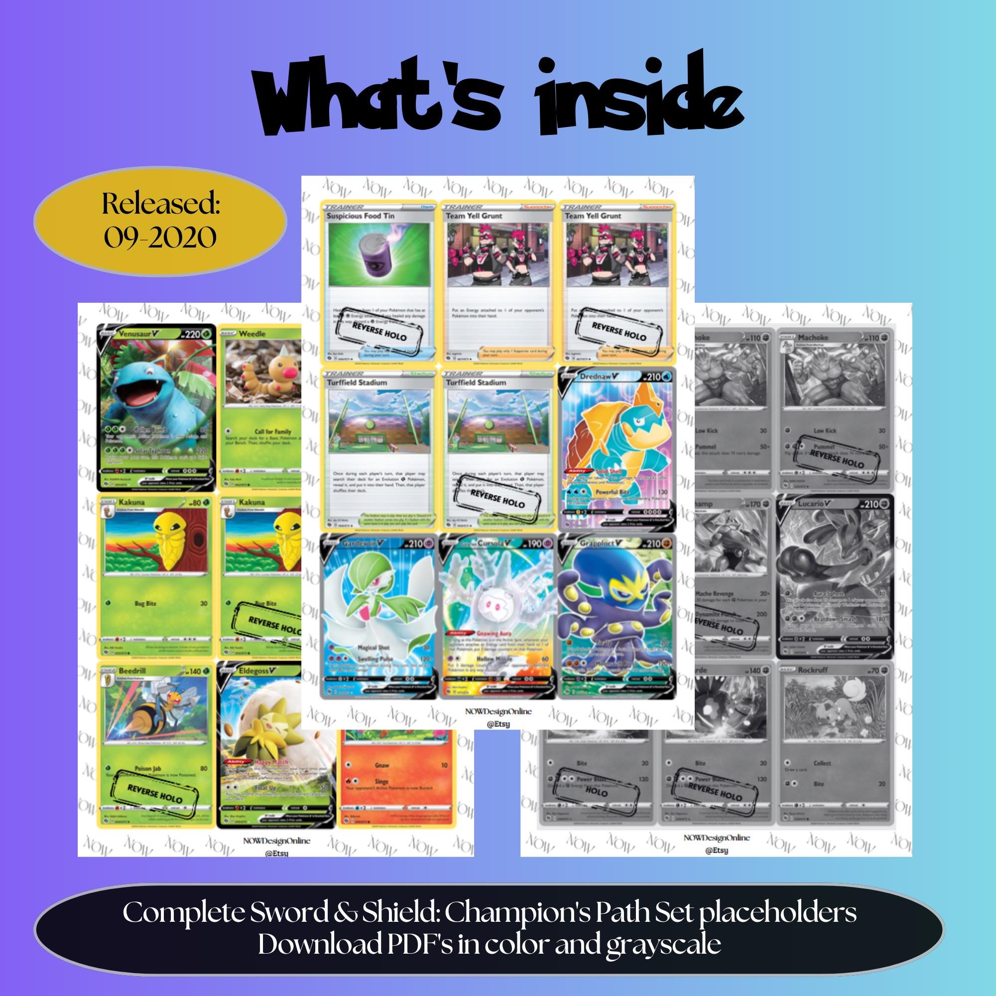 Champions Path master set overview showing the included Pokémon cards to print and a full color checklist for the Sword & Shield binder.