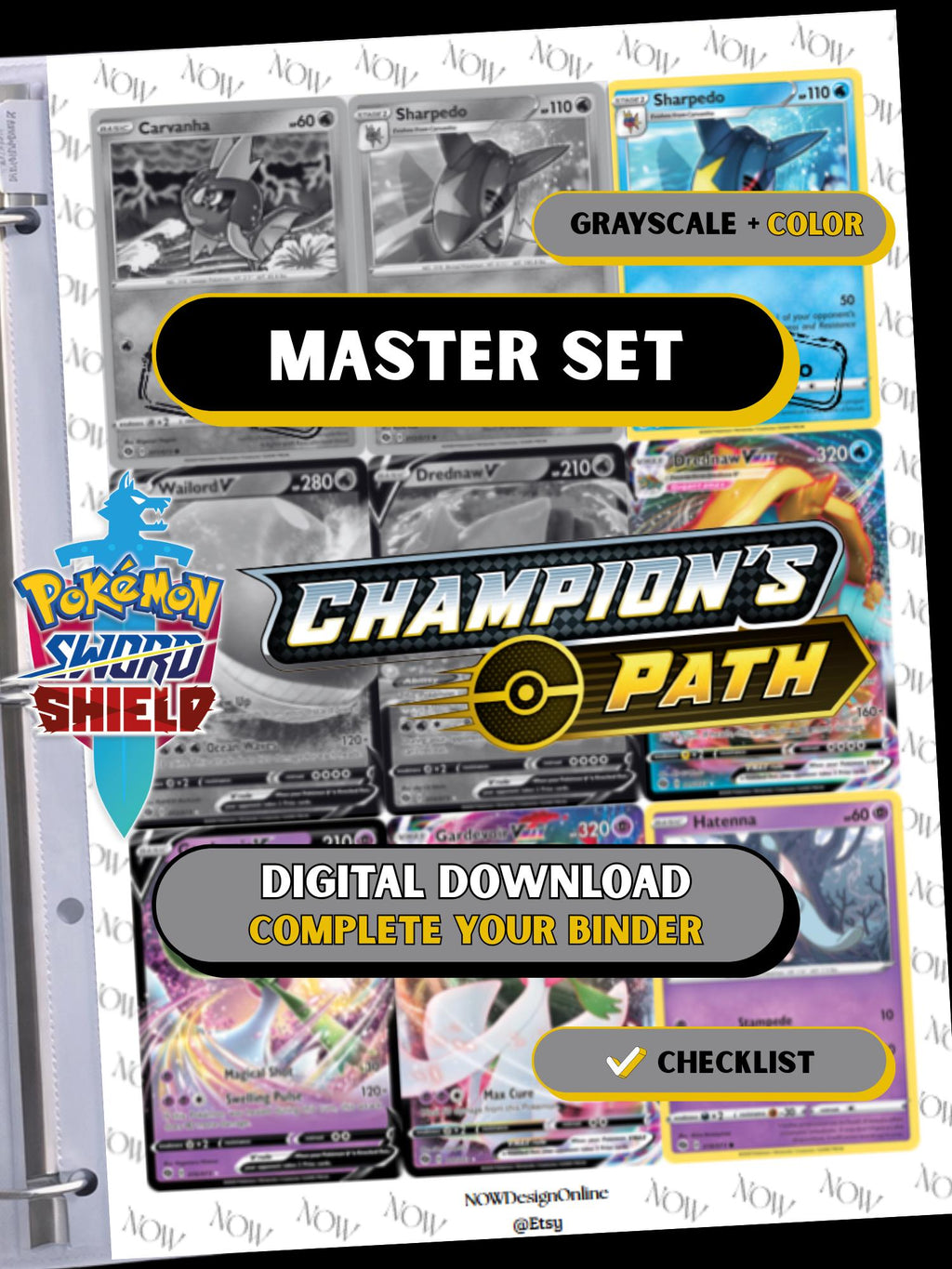 Champions Path master set binder page showing grayscale and color Pokémon cards, designed as a digital download with checklist to complete a collector’s binder.