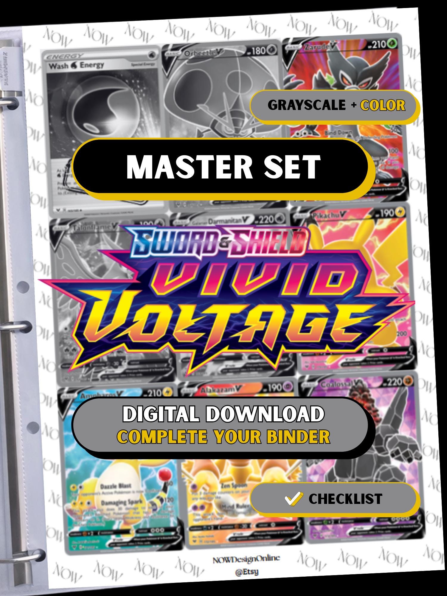 Vivid Voltage master set binder page showing grayscale and color Pokémon cards, designed as a digital download with checklist to complete a collector’s binder.