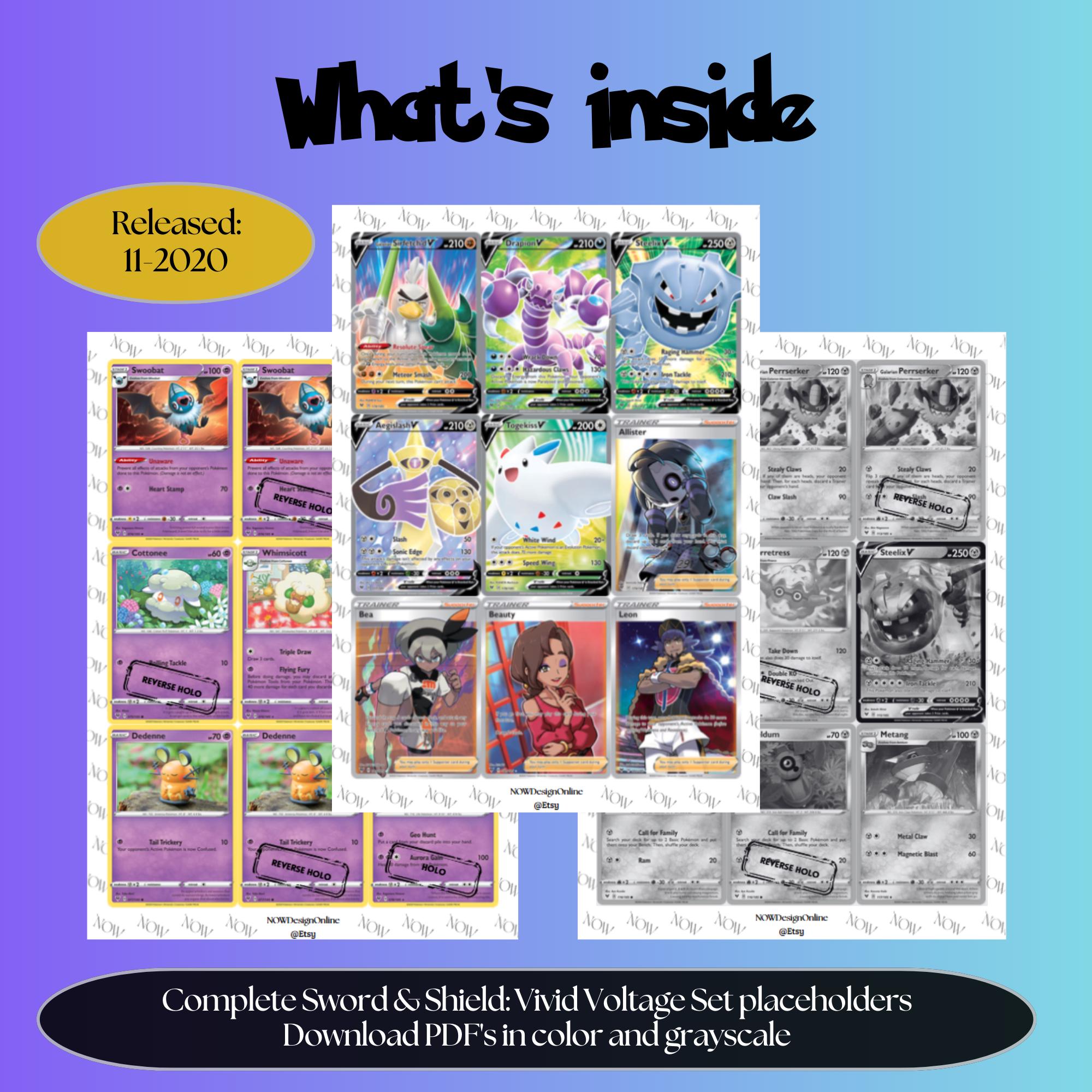 Vivid Voltage master set overview showing the included Pokémon cards to print and a full color checklist for the Sword & Shield binder.