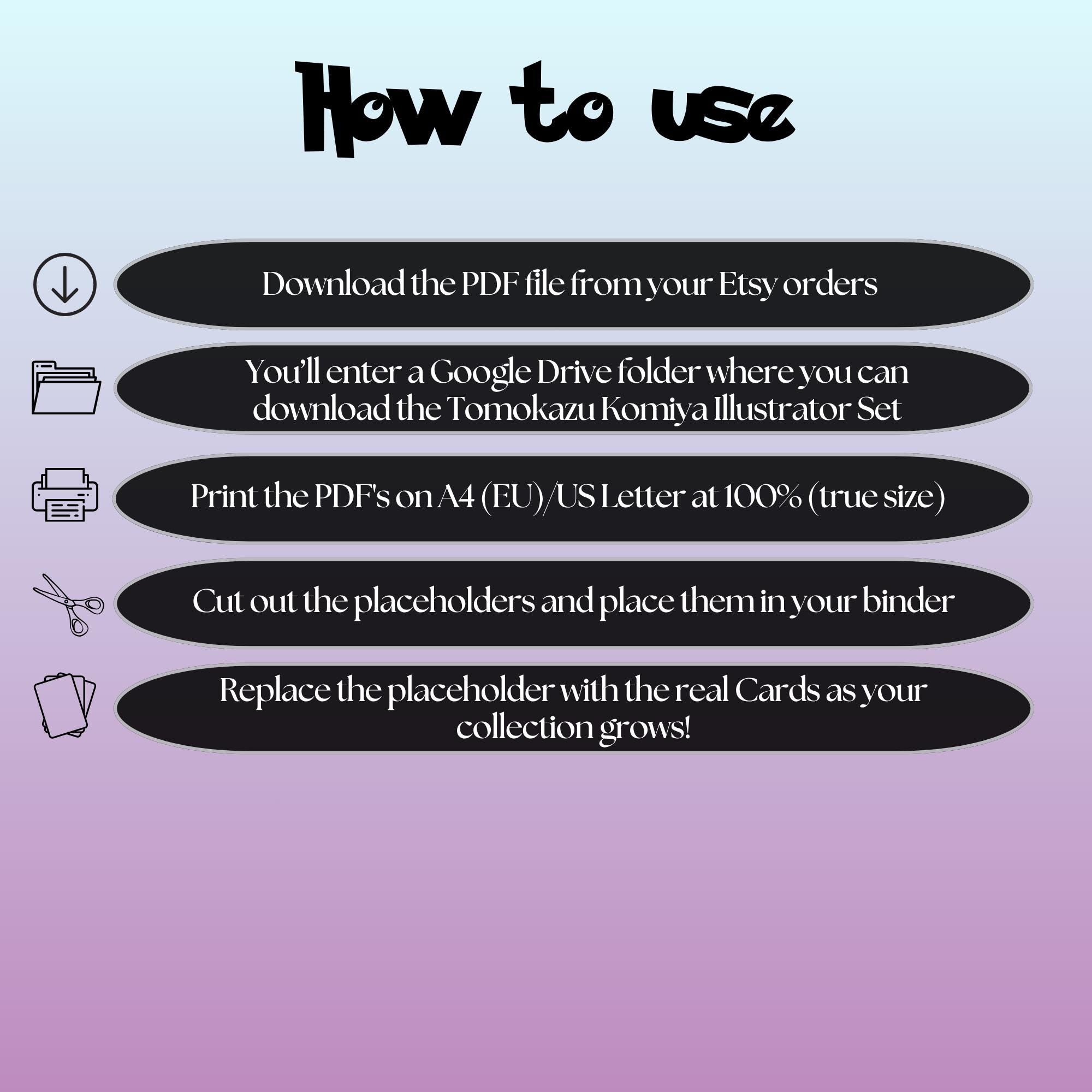 Tomokazu Komiya cards digital download instructions explaining how to print, cut, and place placeholders in a Pokémon binder.