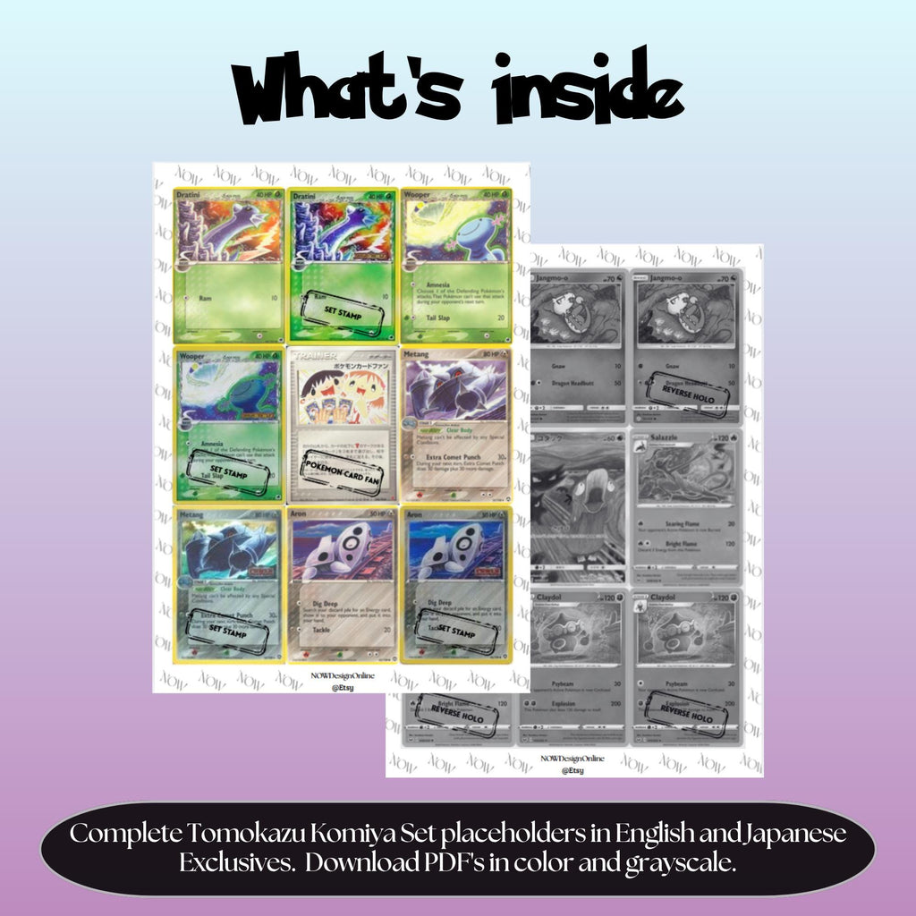 Tomokazu Komiya illustrator set overview showing the included Pokémon cards to print and cut for your binder sleeves.