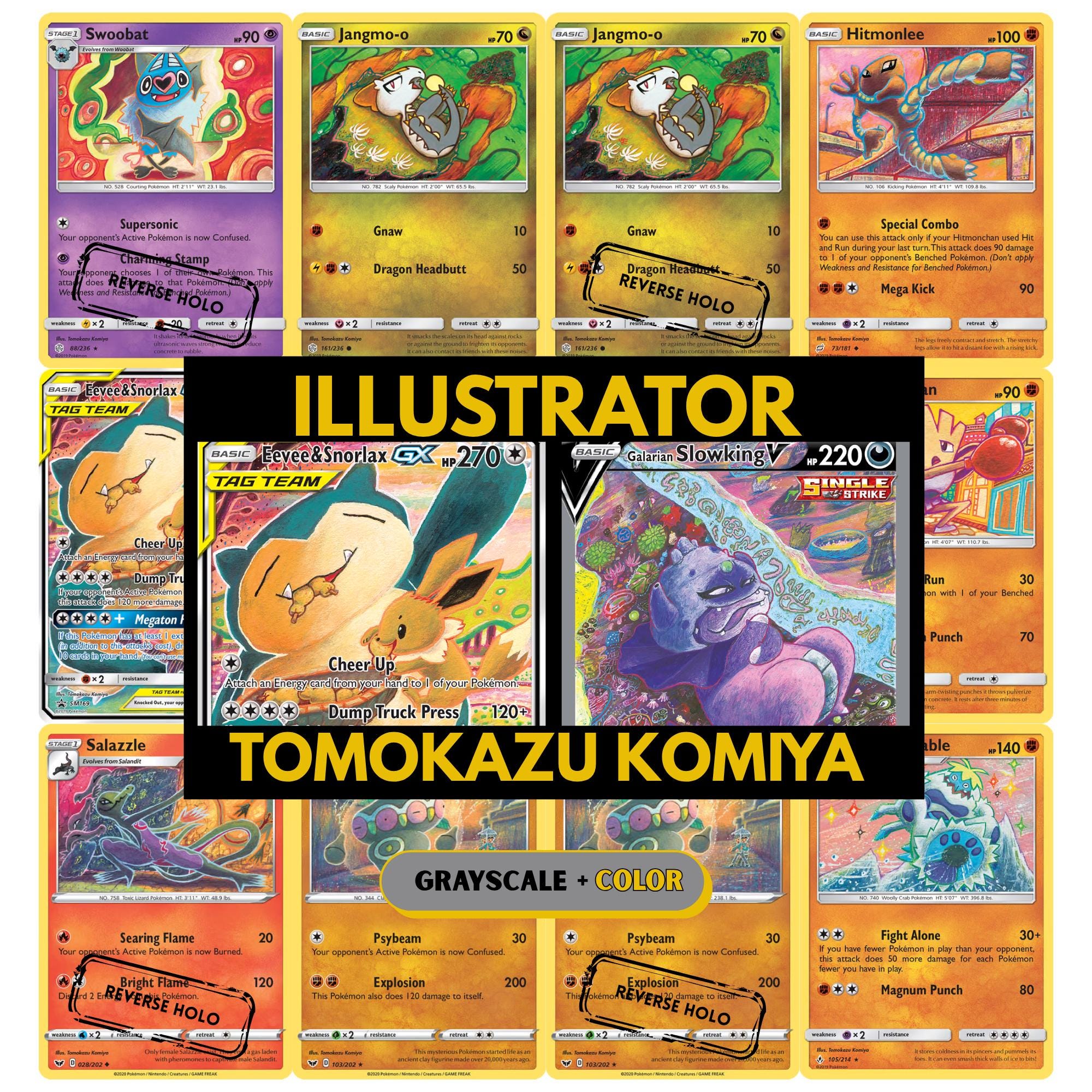Tomokazu Komiya illustrator binder pages set showing unique Pokémon card artworks in grayscale and color, designed as a digital download to complete a collector’s binder.