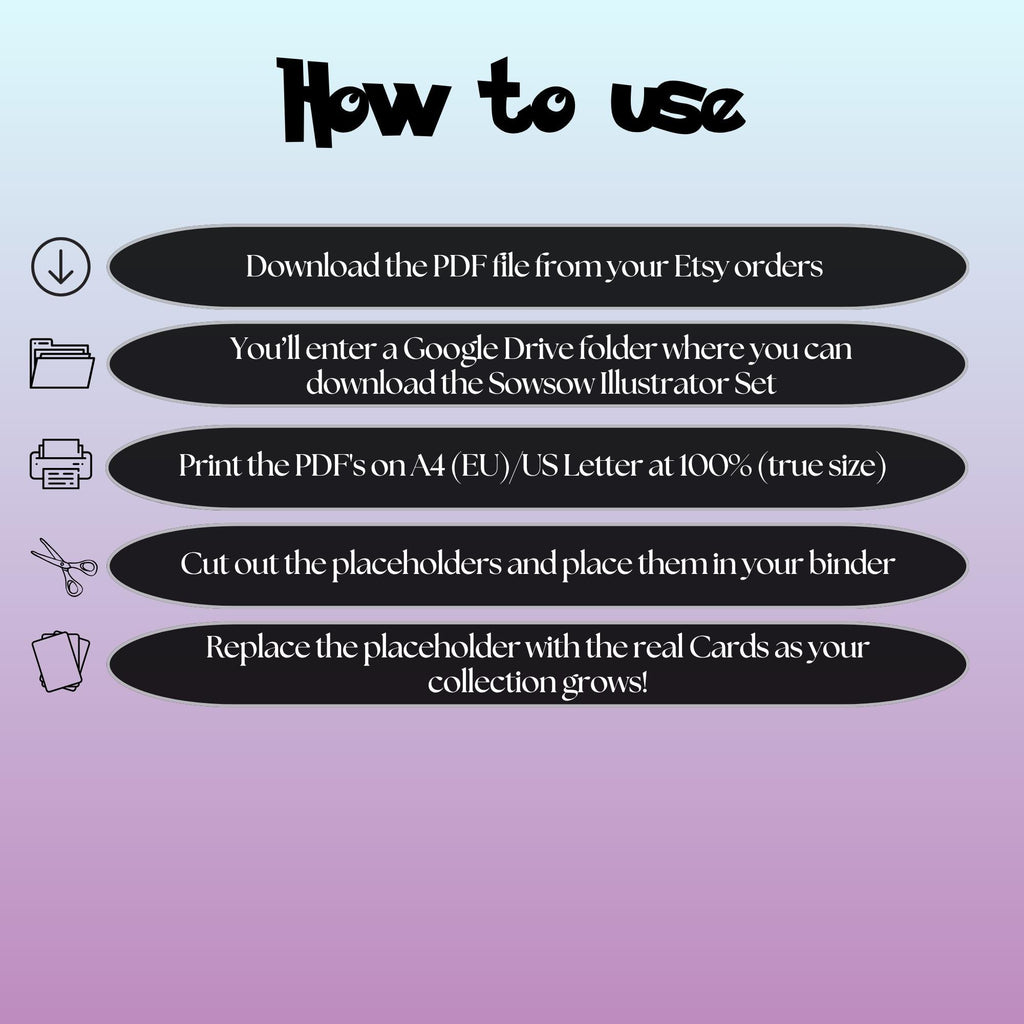 Sowsow cards digital download instructions explaining how to print, cut, and place placeholders in a Pokémon binder.