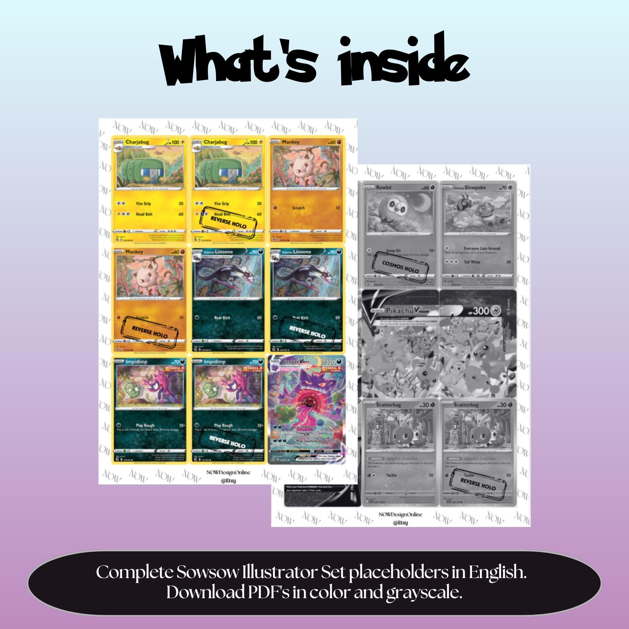 Sowsow illustrator set overview showing the included Pokémon cards to print and cut for your binder sleeves.
