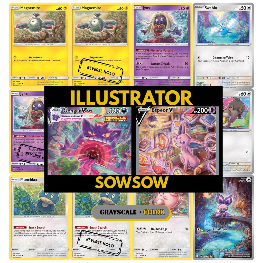 Sowsow illustrator binder pages set showing unique Pokémon card artworks in grayscale and color, designed as a digital download to complete a collector’s binder.