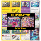 Sowsow illustrator binder pages set showing unique Pokémon card artworks in grayscale and color, designed as a digital download to complete a collector’s binder.