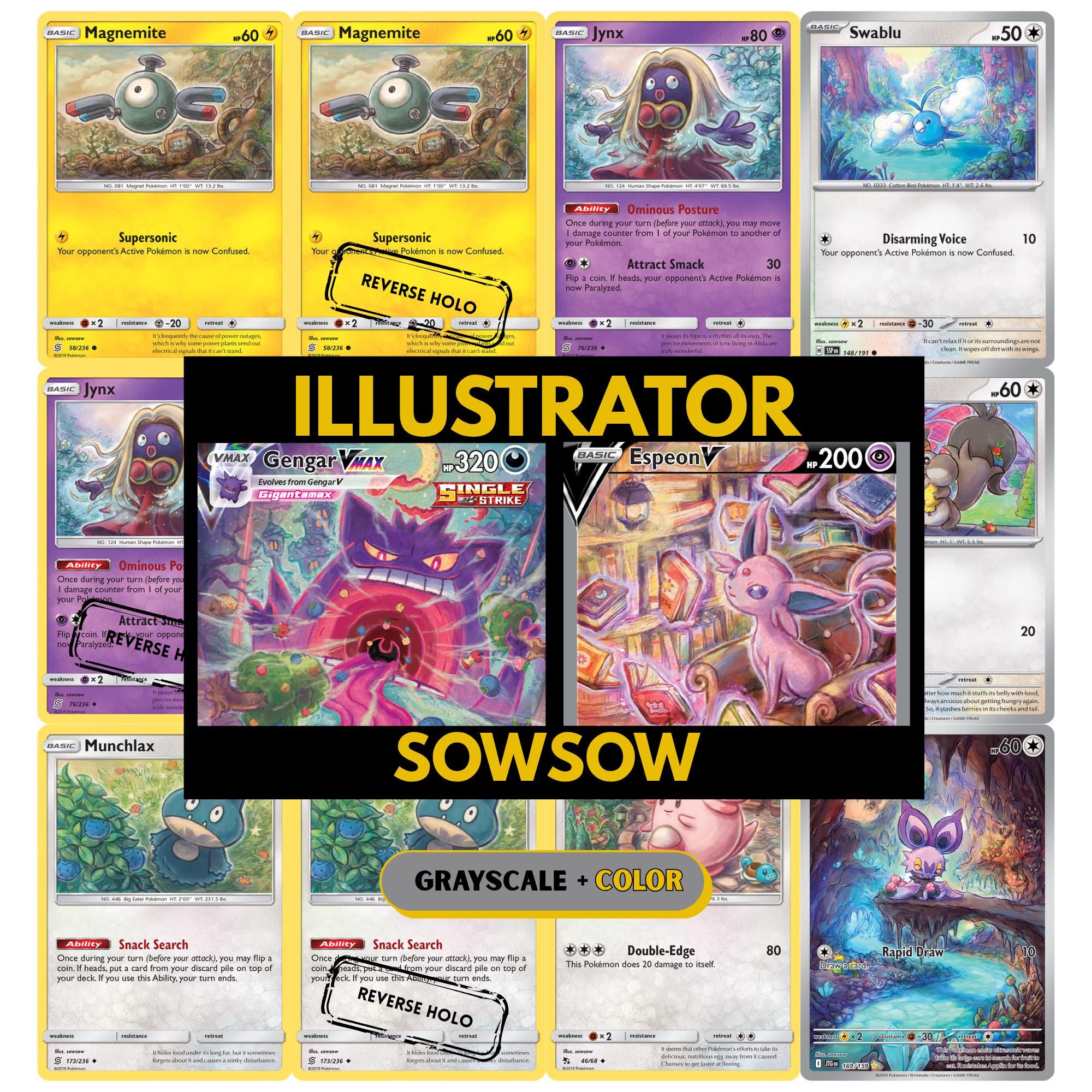 Sowsow illustrator binder pages set showing unique Pokémon card artworks in grayscale and color, designed as a digital download to complete a collector’s binder.