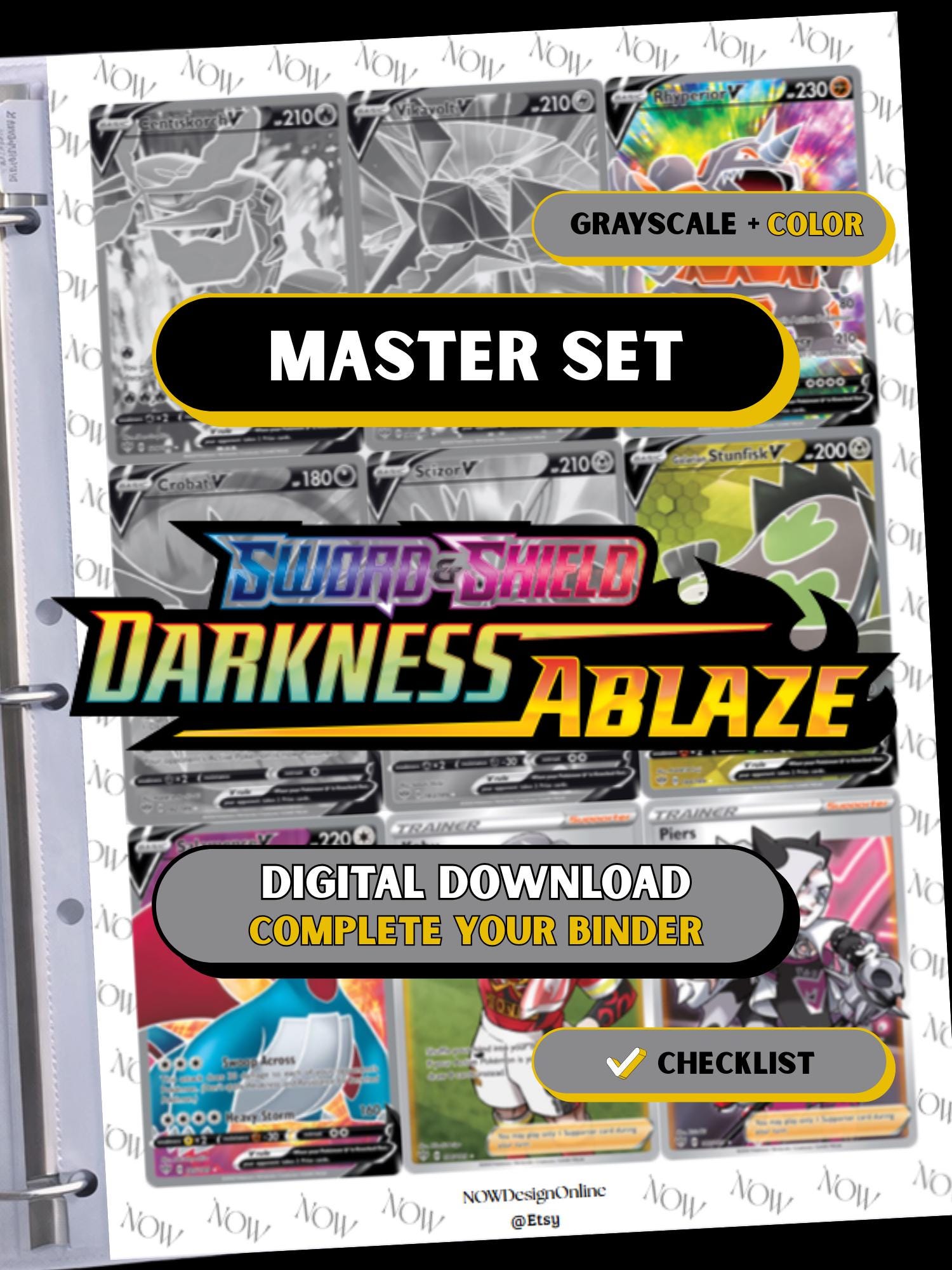 Darkness Ablaze master set binder page showing grayscale and color Pokémon cards, designed as a digital download with checklist to complete a collector’s binder.