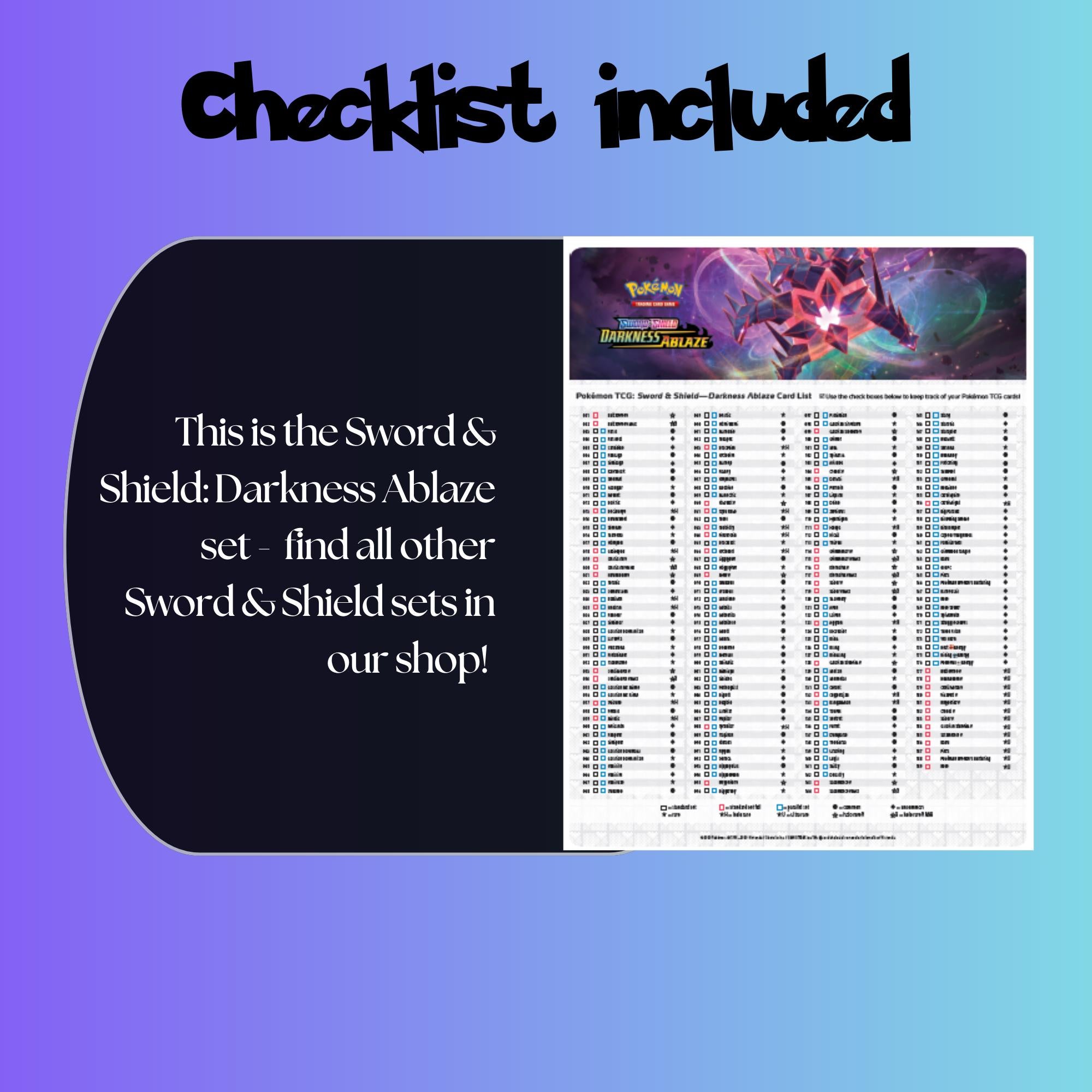Example of the checklist that’s included to see which cards are all in the Darkness Ablaze set from the Sword & Shield Series.