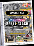 Rebel Clash master set binder page showing grayscale and color Pokémon cards, designed as a digital download with checklist to complete a collector’s binder.