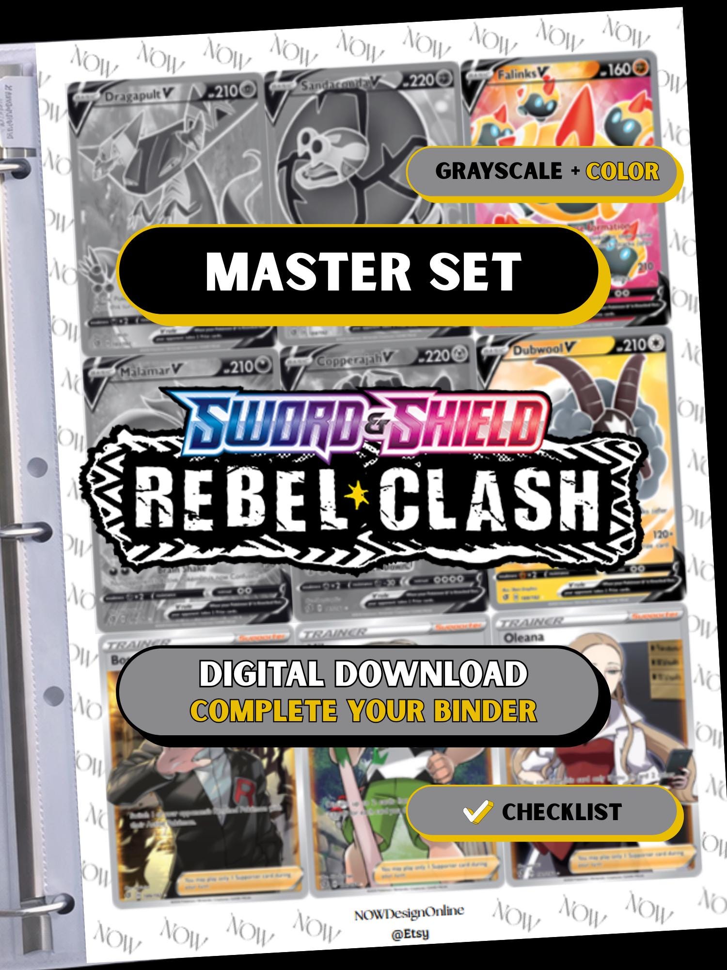 Rebel Clash master set binder page showing grayscale and color Pokémon cards, designed as a digital download with checklist to complete a collector’s binder.