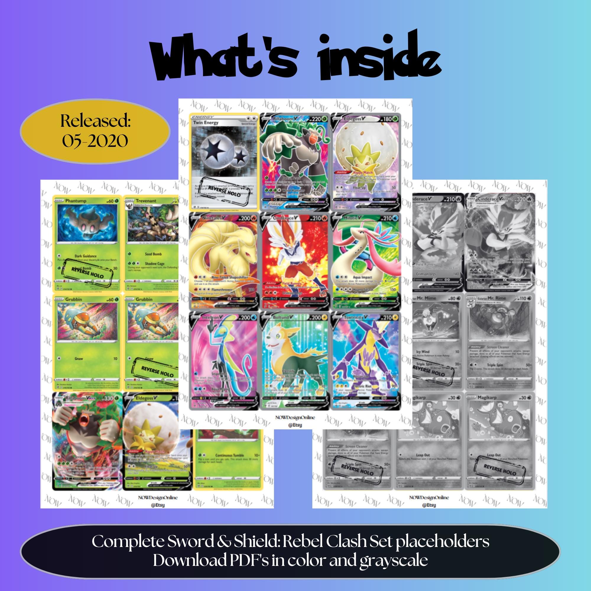 Rebel Clash master set overview showing the included Pokémon cards to print and a full color checklist for the Sword & Shield binder.