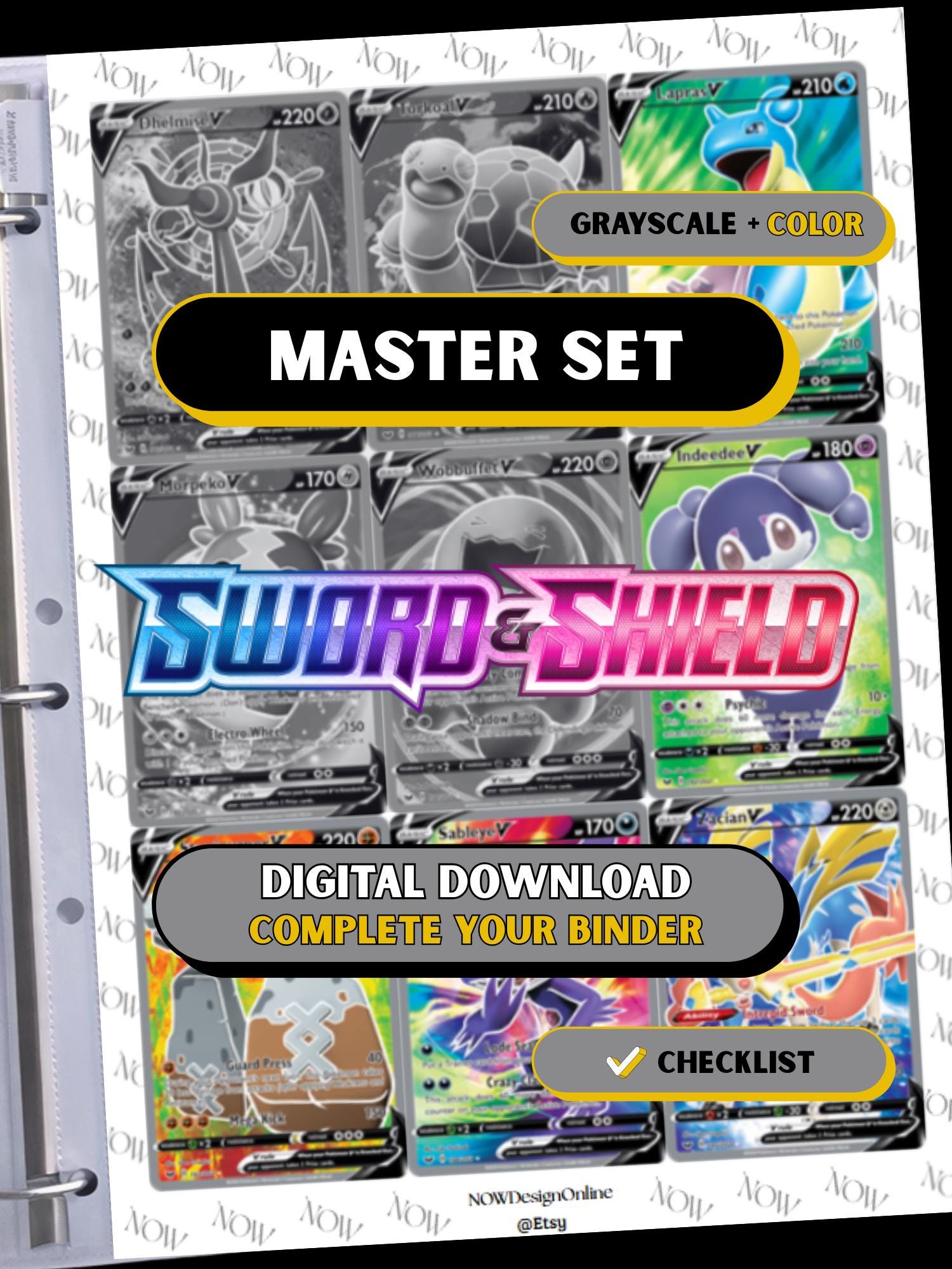 Sword & Shield Base Set master set binder page showing grayscale and color Pokémon cards, designed as a digital download with checklist to complete a collector’s binder.