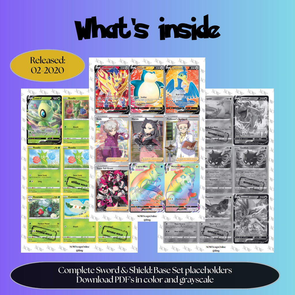 Sword & Shield Base Set master set overview showing the included Pokémon cards to print and a full color checklist for the Sword & Shield binder.