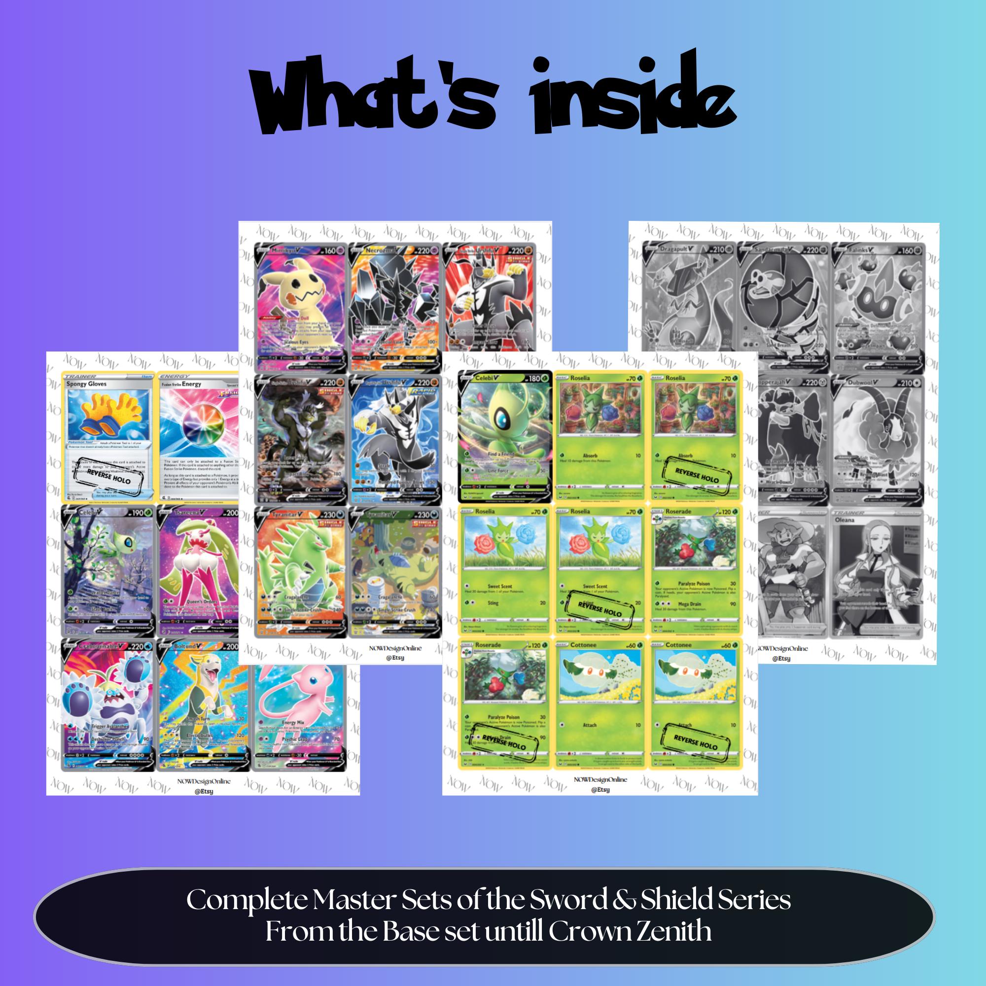 Sword & Shield: all 17 master sets overview showing the included Pokémon cards to print and a full color checklist for the Sword & Shield binder.