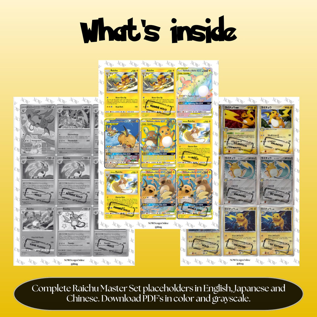 Raichu binder pages set overview showing the included Pokémon cards to print and cut for your binder sleeves.