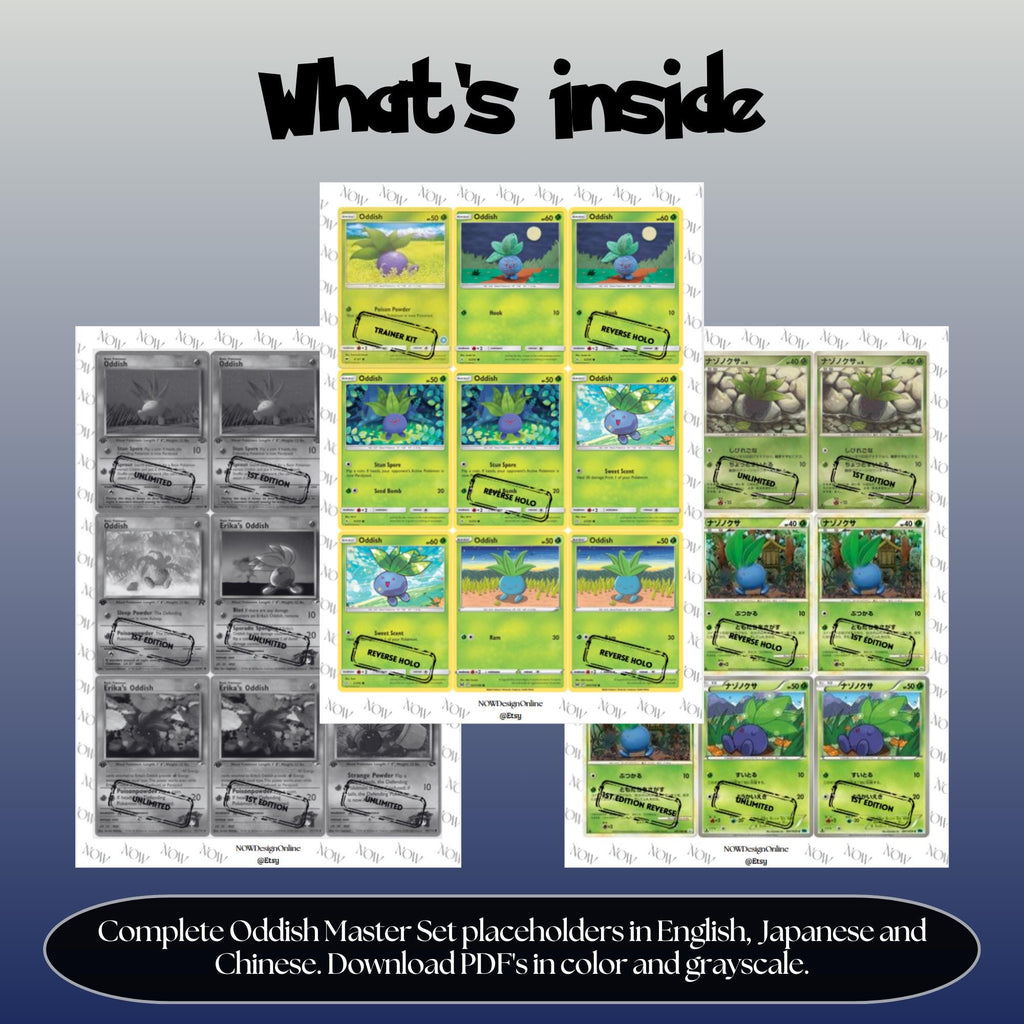 Oddish binder pages set overview showing the included Pokémon cards to print and cut for your binder sleeves.