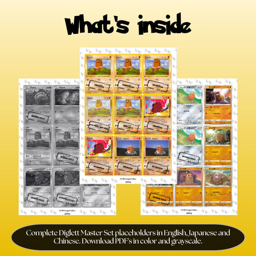 Diglett binder pages set overview showing the included Pokémon cards to print and cut for your binder sleeves.
