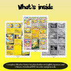 Pikachu binder pages set overview showing the included Pokémon cards to print and cut for your binder sleeves.