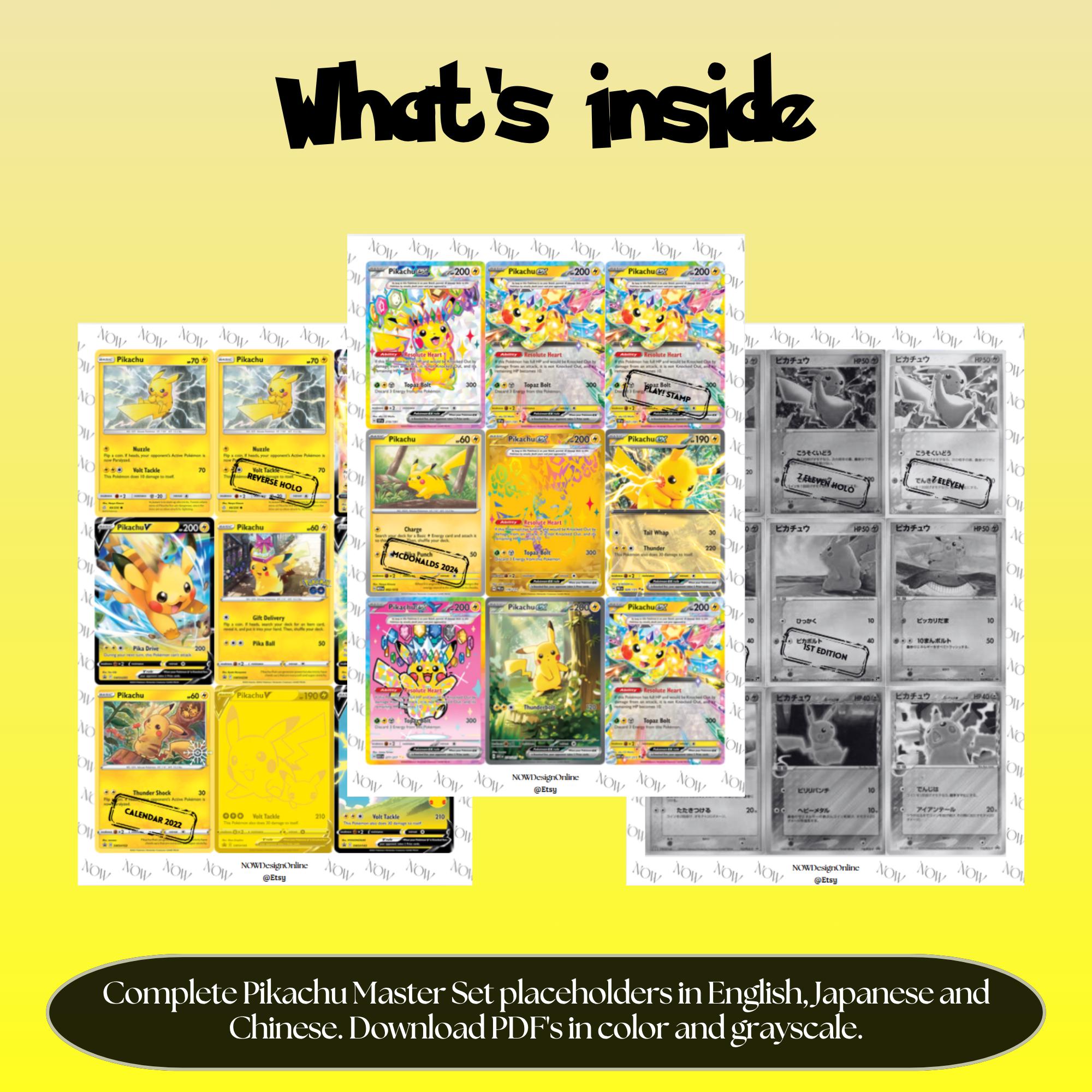 Pikachu binder pages set overview showing the included Pokémon cards to print and cut for your binder sleeves.