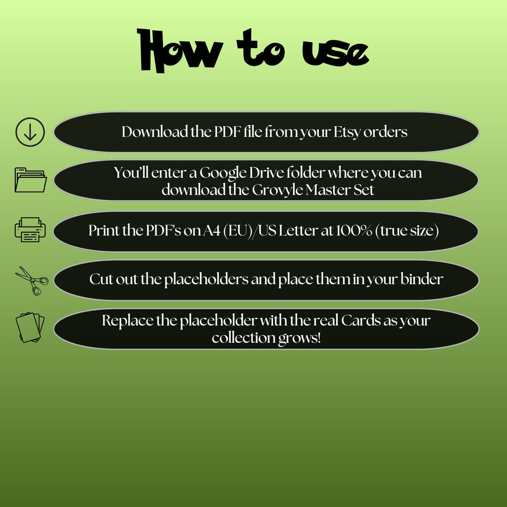 Grovyle cards digital download instructions explaining how to print, cut, and place placeholders in a Pokémon binder.