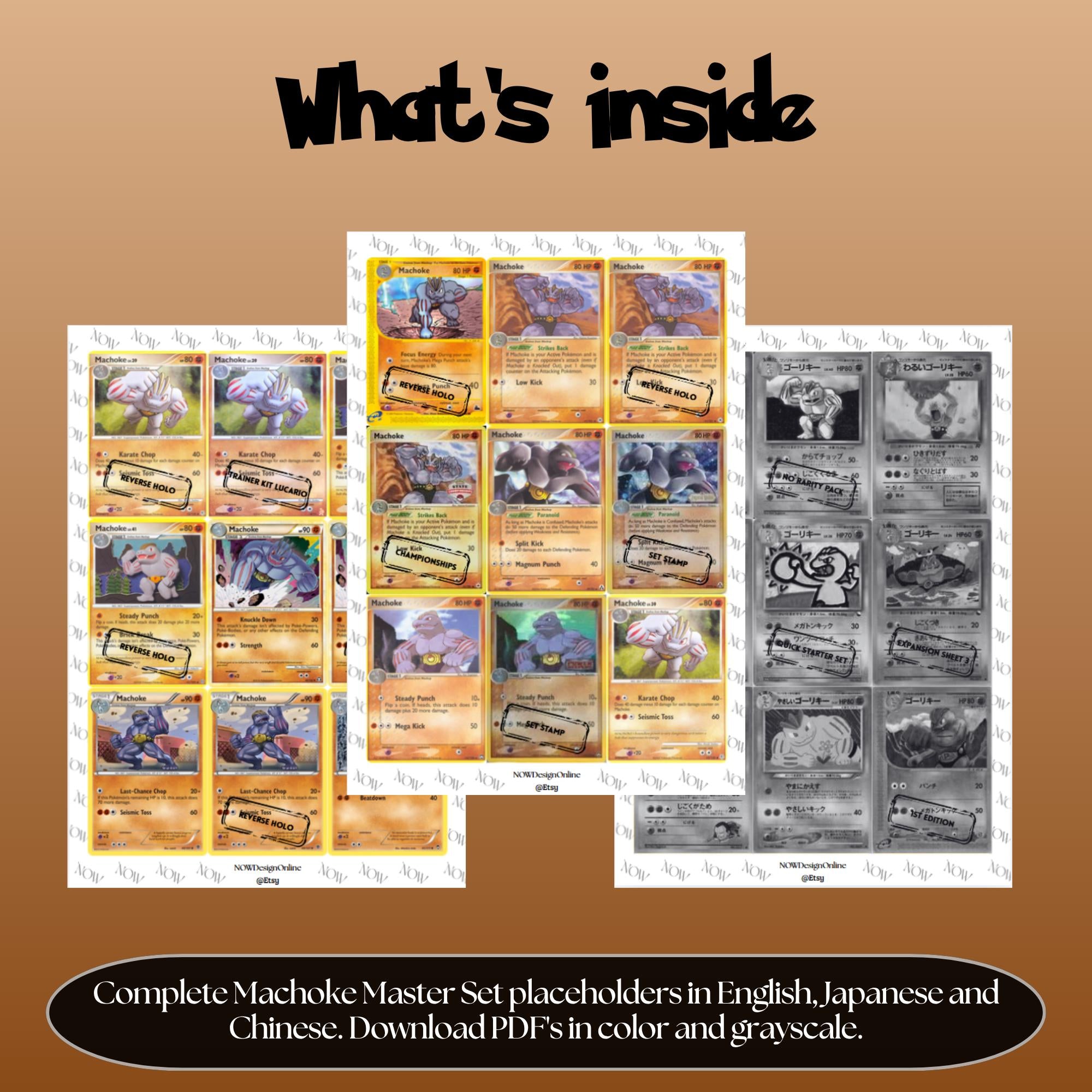 Machoke binder pages set overview showing the included Pokémon cards to print and cut for your binder sleeves.