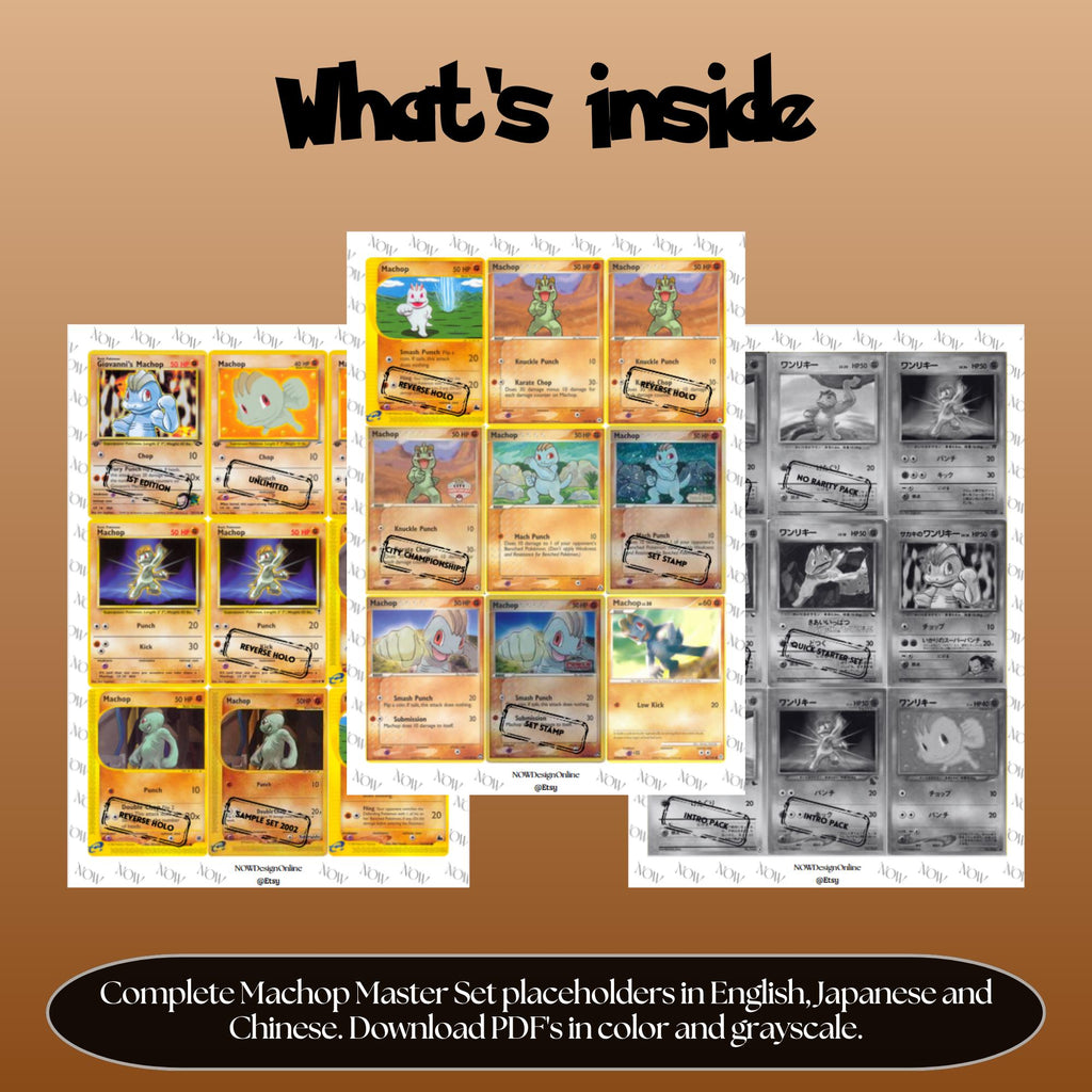 Machop binder pages set overview showing the included Pokémon cards to print and cut for your binder sleeves.