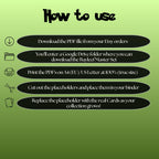 Bayleef cards digital download instructions explaining how to print, cut, and place placeholders in a Pokémon binder.