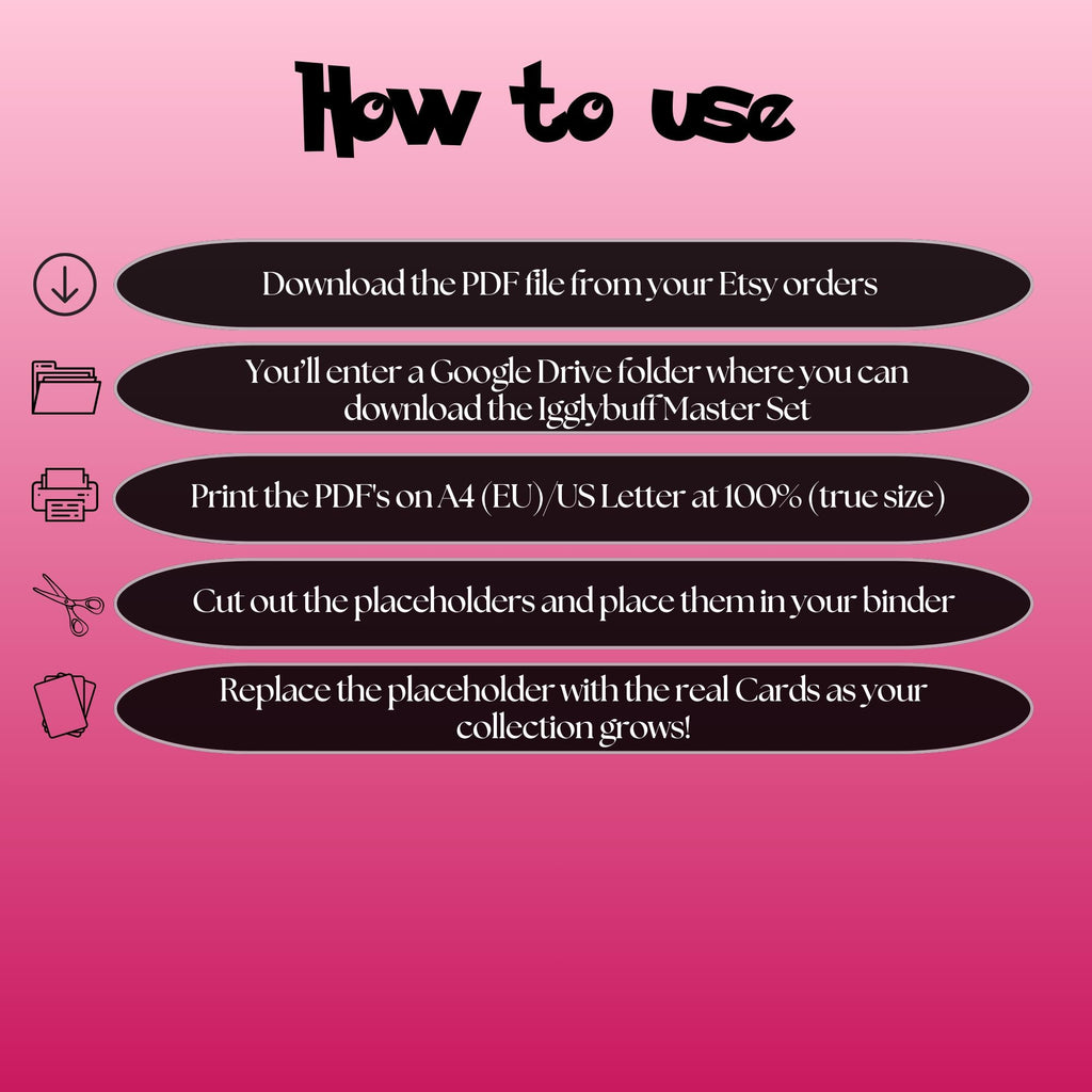 Igglybuff cards digital download instructions explaining how to print, cut, and place placeholders in a Pokémon binder.