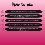 Igglybuff cards digital download instructions explaining how to print, cut, and place placeholders in a Pokémon binder.