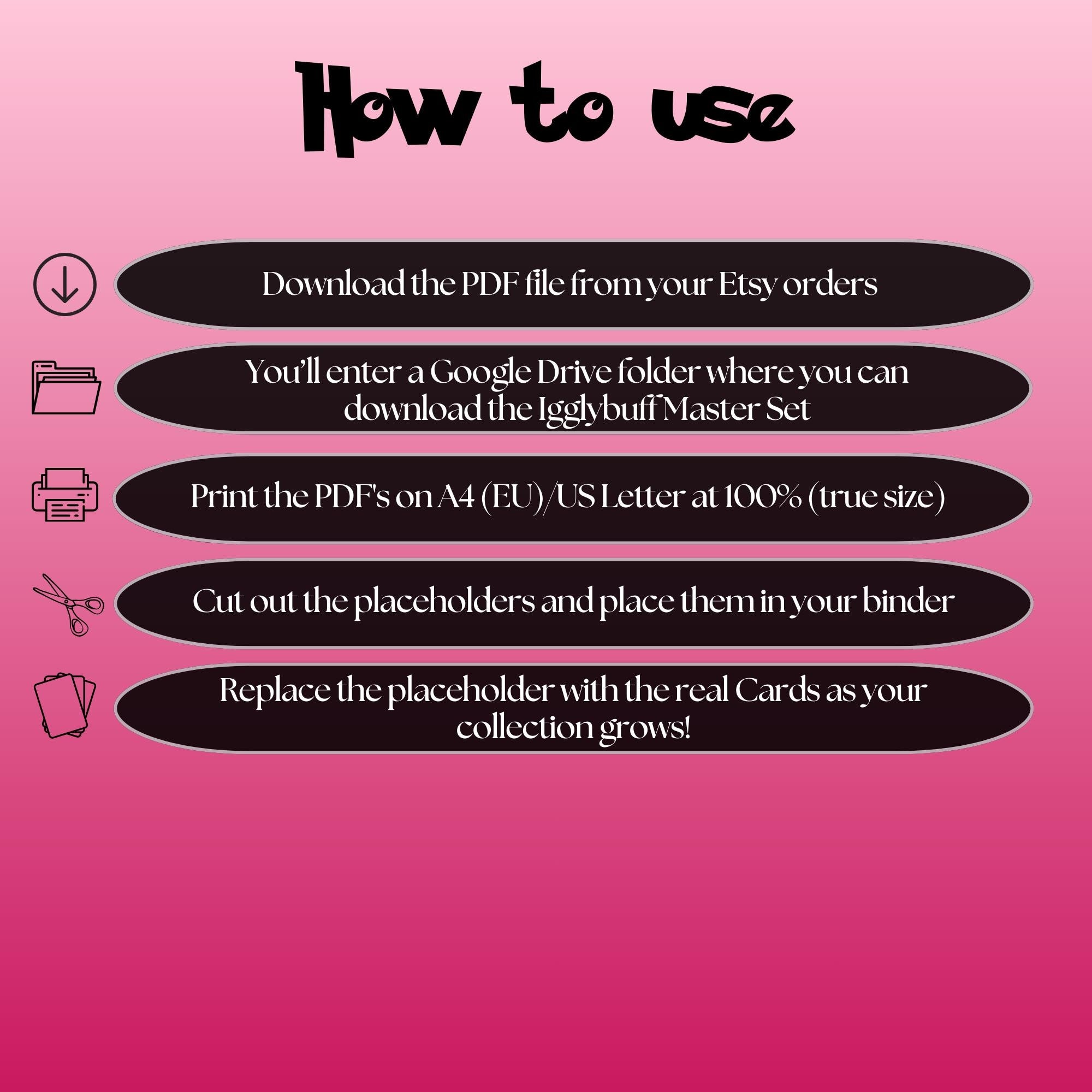 Igglybuff cards digital download instructions explaining how to print, cut, and place placeholders in a Pokémon binder.