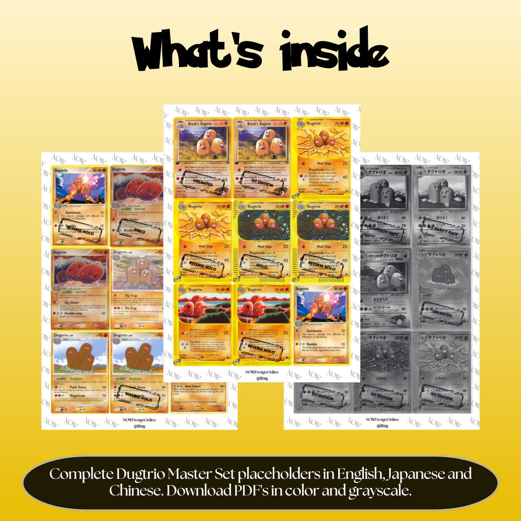 Dugtrio binder pages set overview showing the included Pokémon cards to print and cut for your binder sleeves.