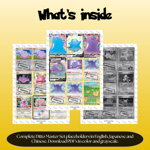 Ditto binder pages set overview showing the included Pokémon cards to print and cut for your binder sleeves.
