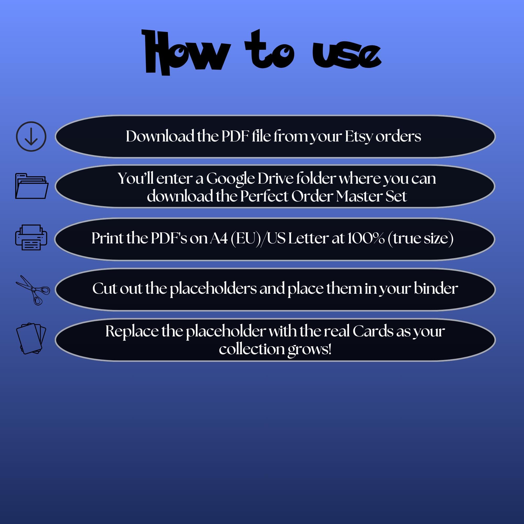 Perfect Order digital download instructions explaining how to print, cut, and place placeholders in a Pokémon binder.