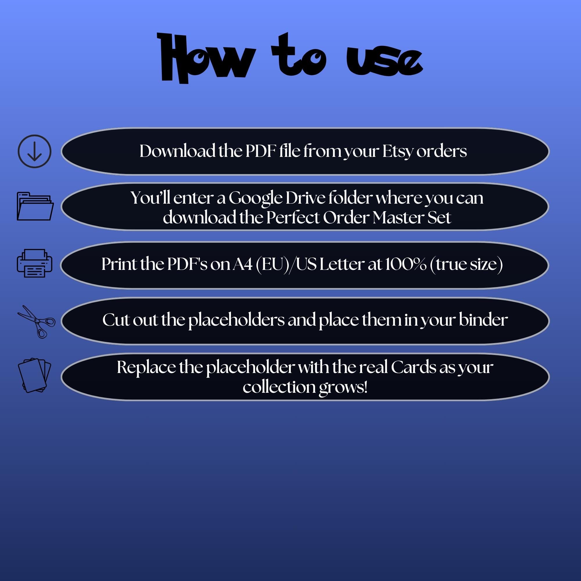 Perfect Order digital download instructions explaining how to print, cut, and place placeholders in a Pokémon binder.