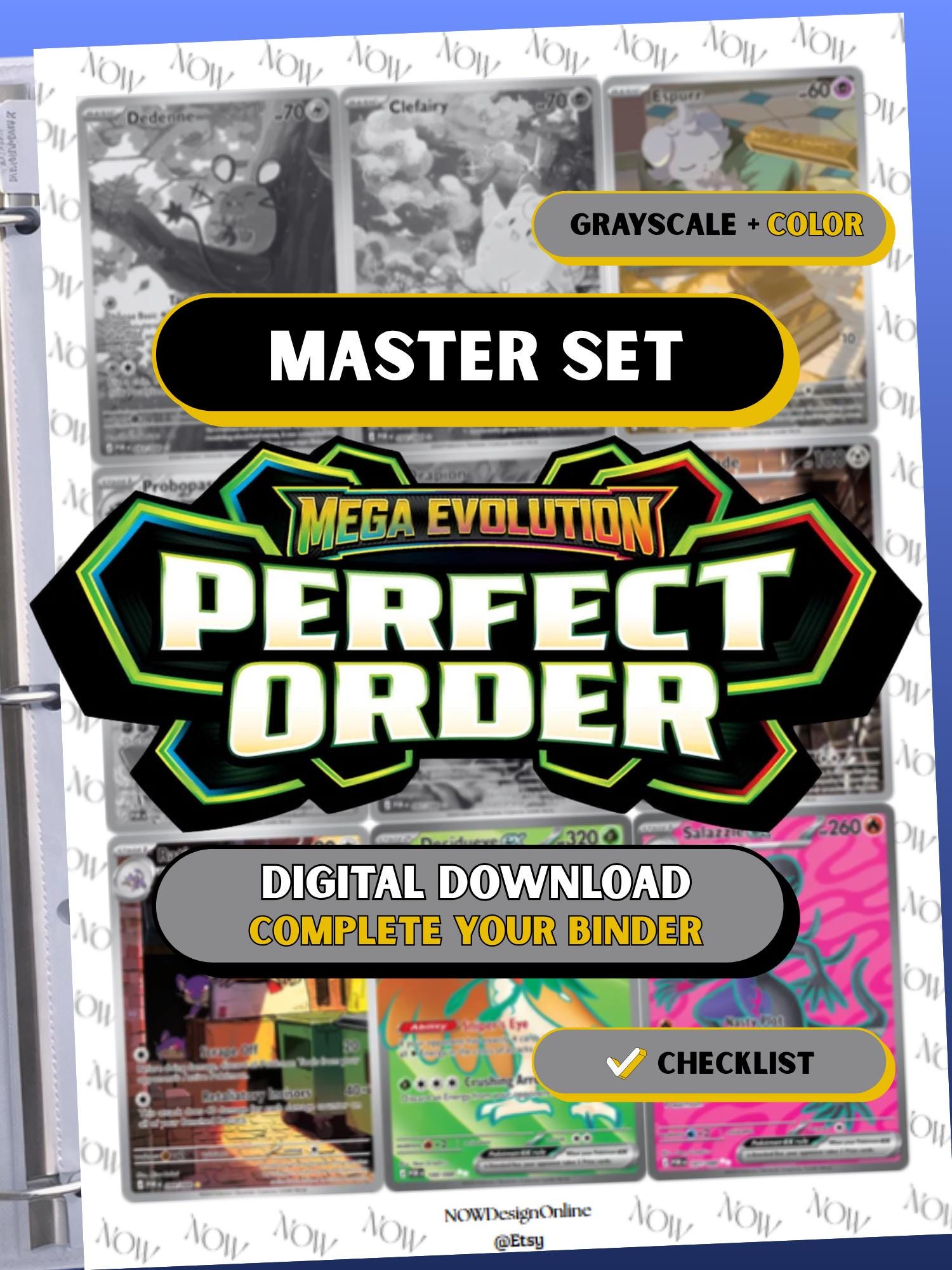 Perfect Order master set binder page showing grayscale and color Pokémon cards, designed as a digital download with checklist to complete a collector’s binder.