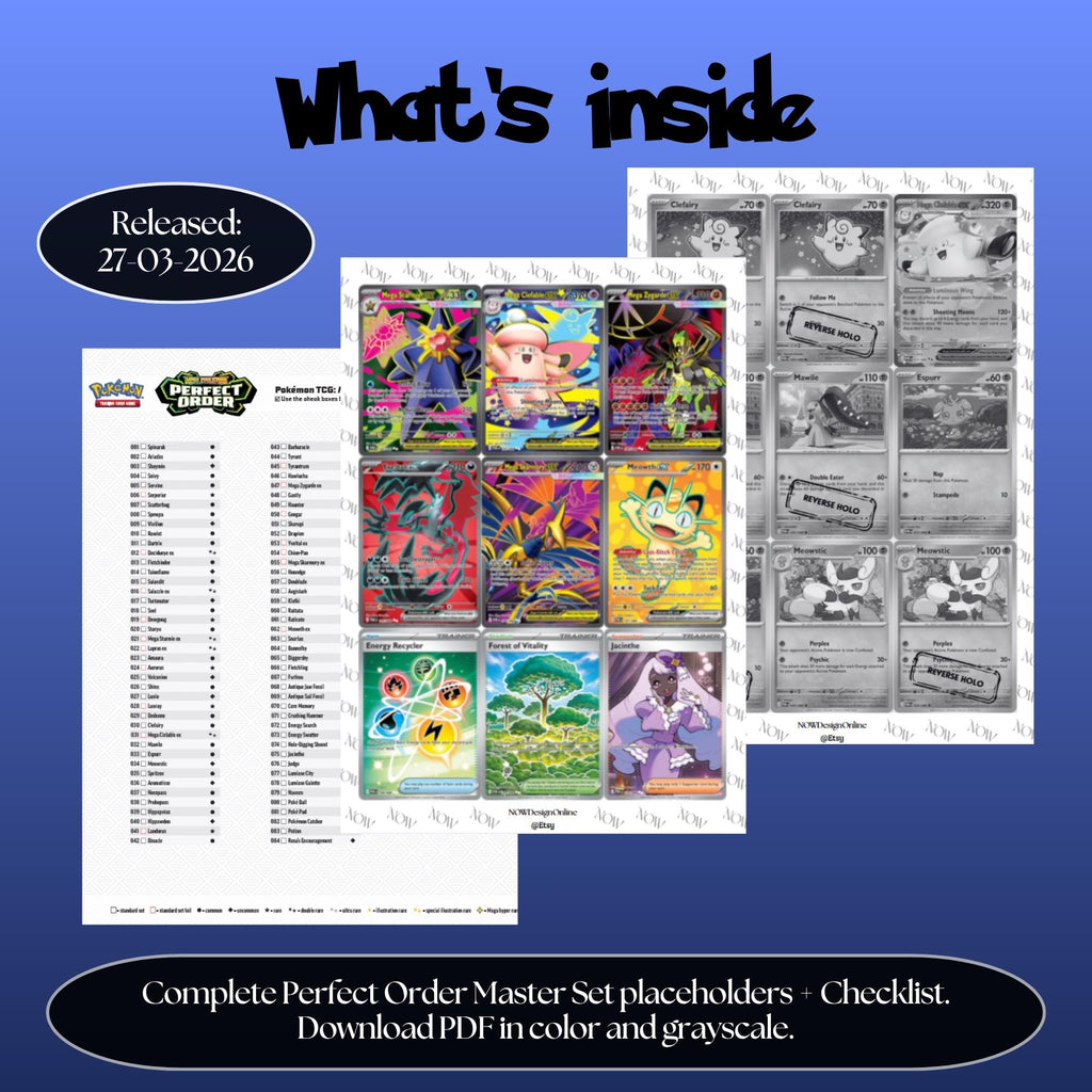Perfect Order master set overview showing the included Pokémon cards to print and a full color checklist for the Perfect Order binder.