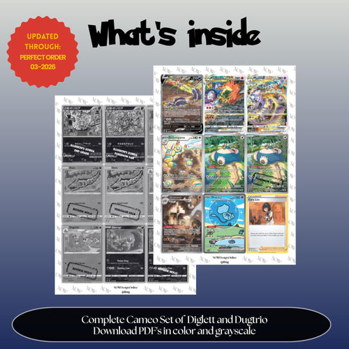 Diglett & Dugtrio Cameo binder pages set overview showing the included Pokémon cards to print and cut for your binder sleeves.