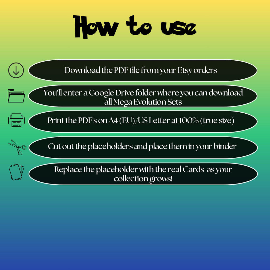 Ascended Heroes digital download instructions explaining how to print, cut, and place placeholders in a Pokémon binder.