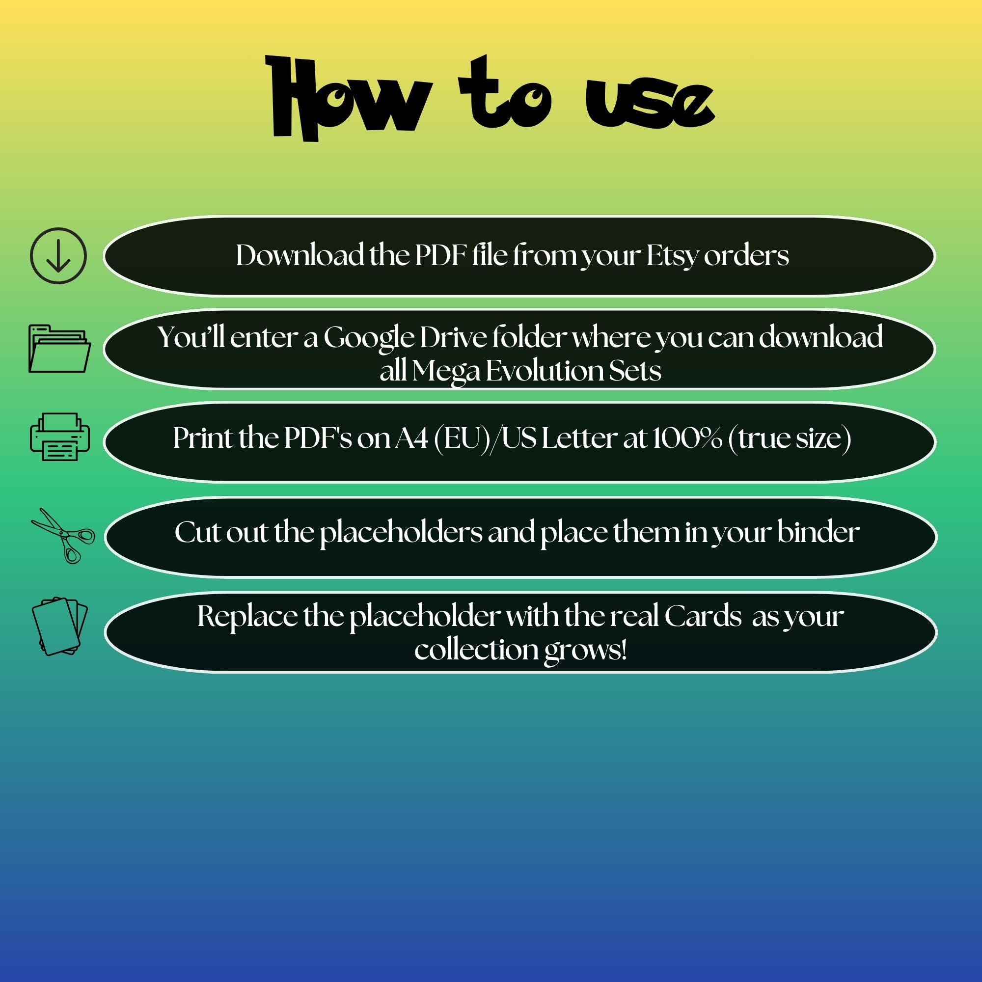 Ascended Heroes digital download instructions explaining how to print, cut, and place placeholders in a Pokémon binder.