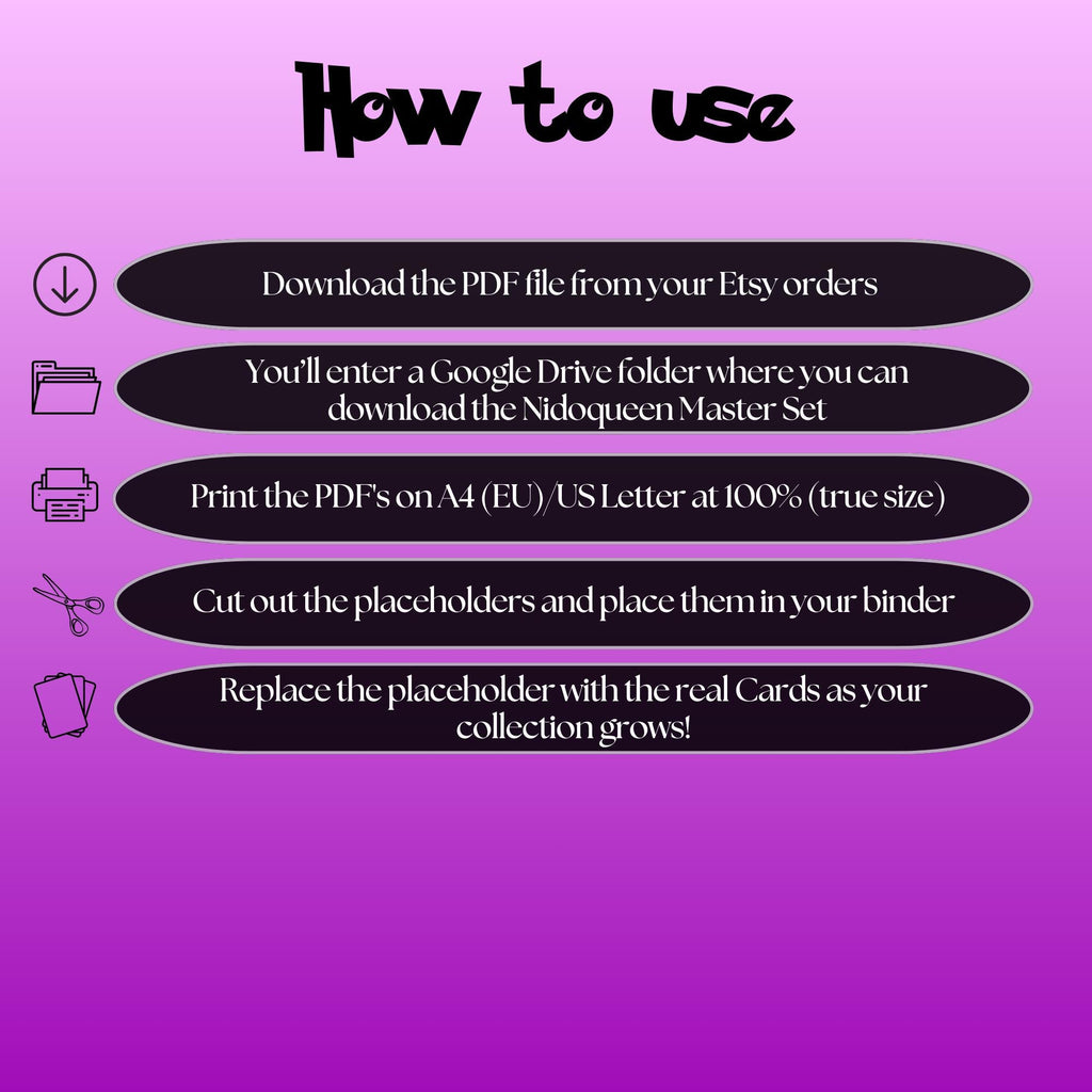 Nidoqueen cards digital download instructions explaining how to print, cut, and place placeholders in a Pokémon binder.