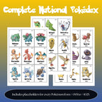 Complete national pokedex placeholders preview showing Pokémon binder inserts from Bulbasaur #001 to Pecharunt #1025 arranged in Pokédex order