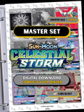 Sun & Moon: Celestial Storm master set binder page showing grayscale and color Pokémon cards, designed as a digital download with checklist to complete a collector’s binder.