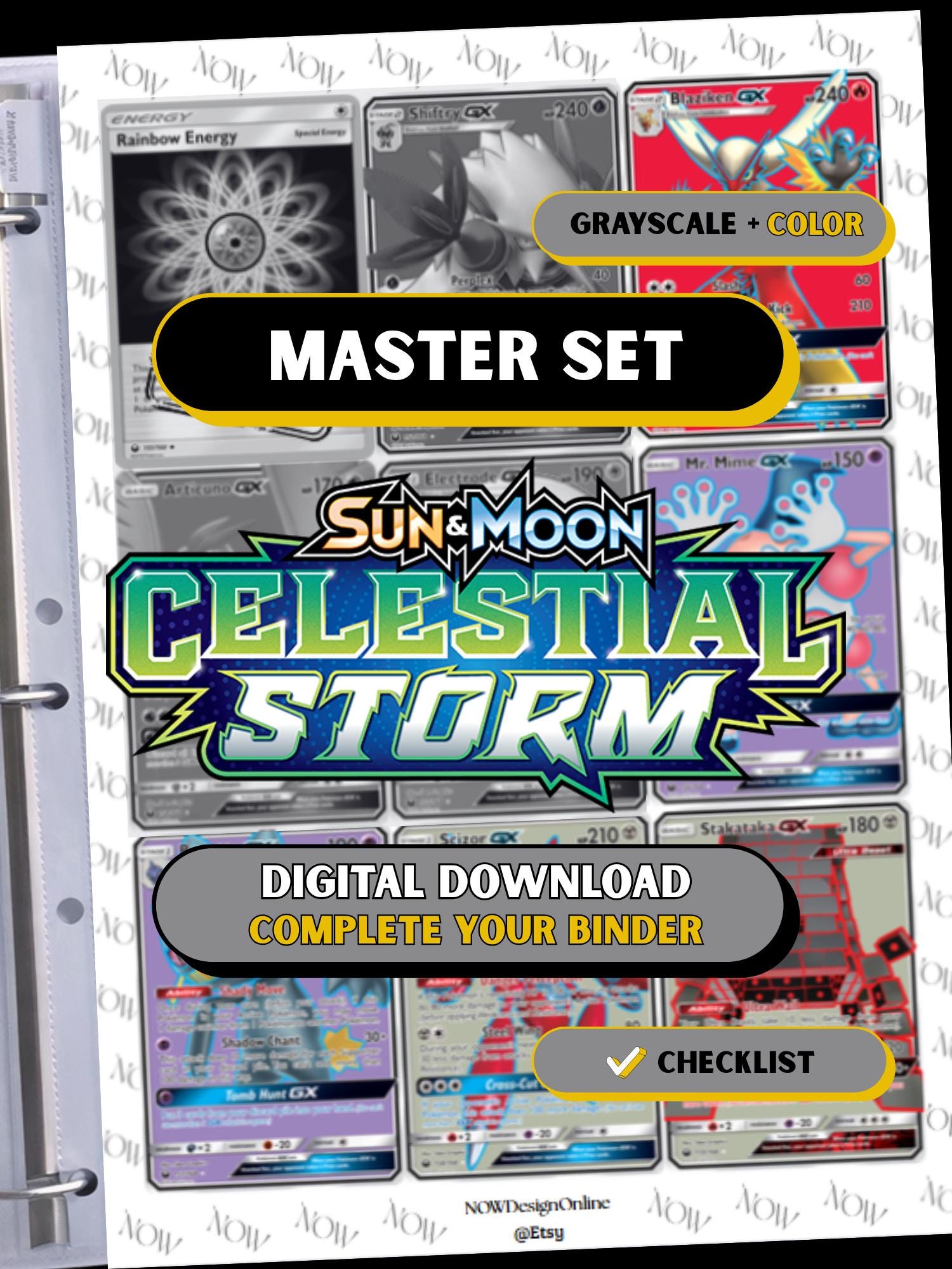 Sun & Moon: Celestial Storm master set binder page showing grayscale and color Pokémon cards, designed as a digital download with checklist to complete a collector’s binder.